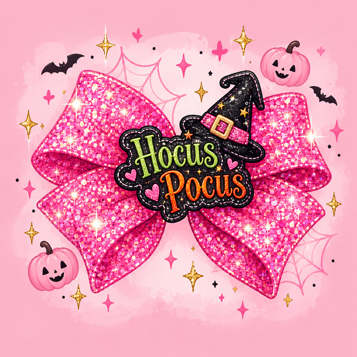 Glittery pink Halloween bow with a Hocus Pocus centerpiece and witch hat