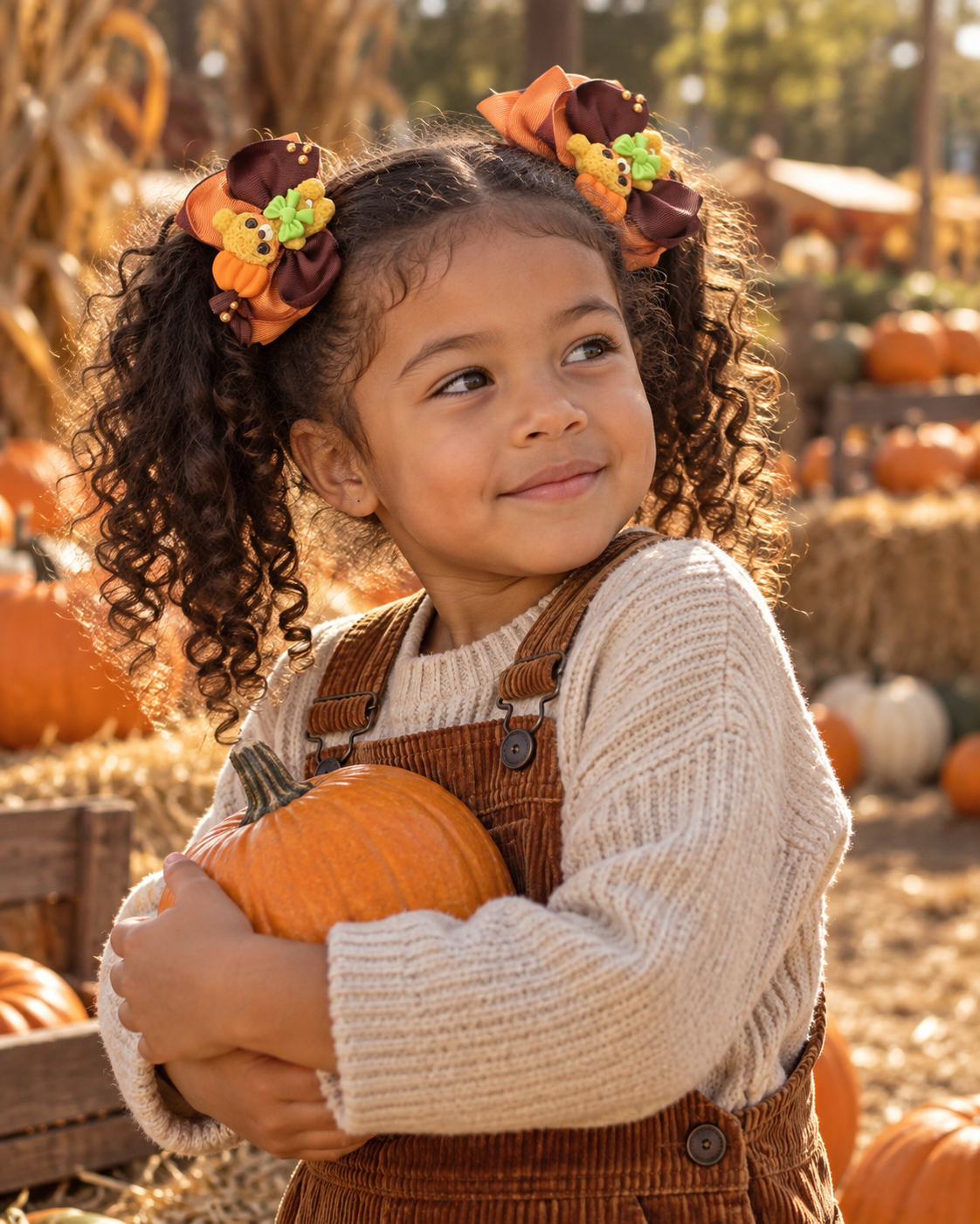 Girl hugging a pumpkin at the patch wearing fall bows