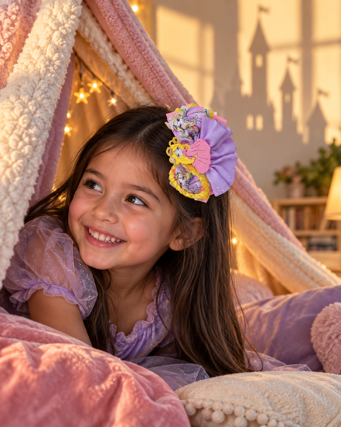 Girl in a blanket fort wearing a purple princess bow