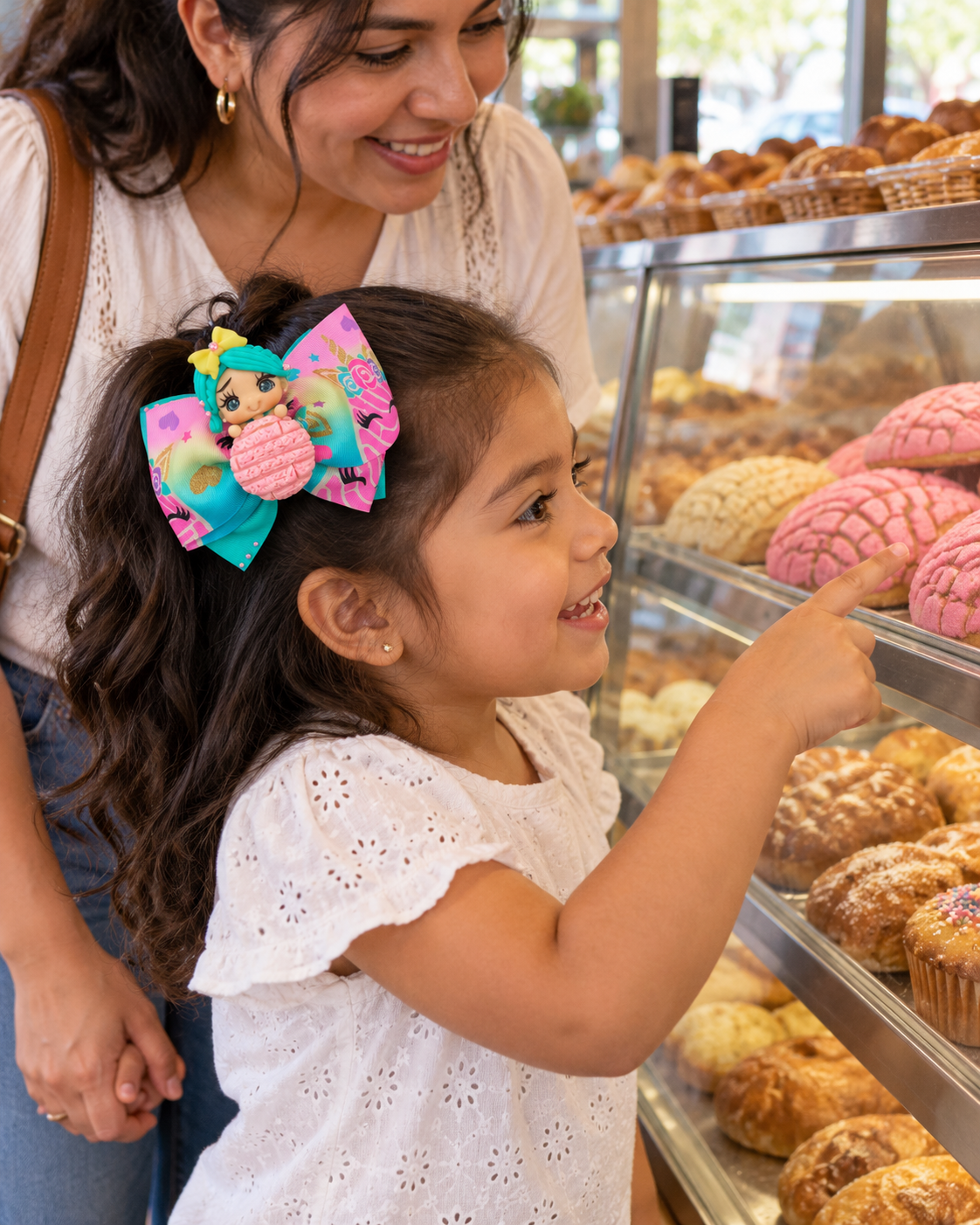 Girl pointing at pink conchas wearing a teal pan dulce bow