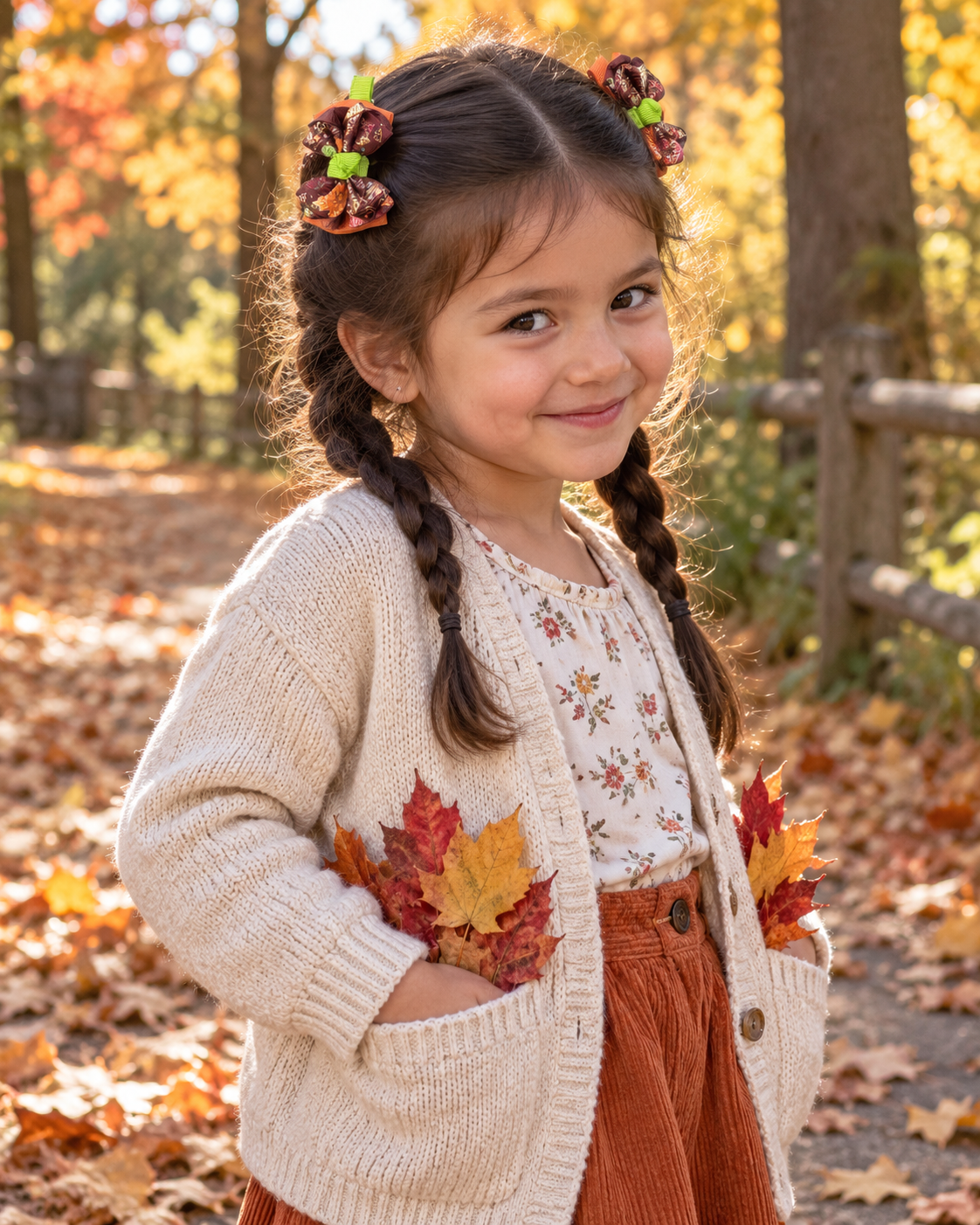 Smiling girl with autumn bows and maple leaves in her pockets