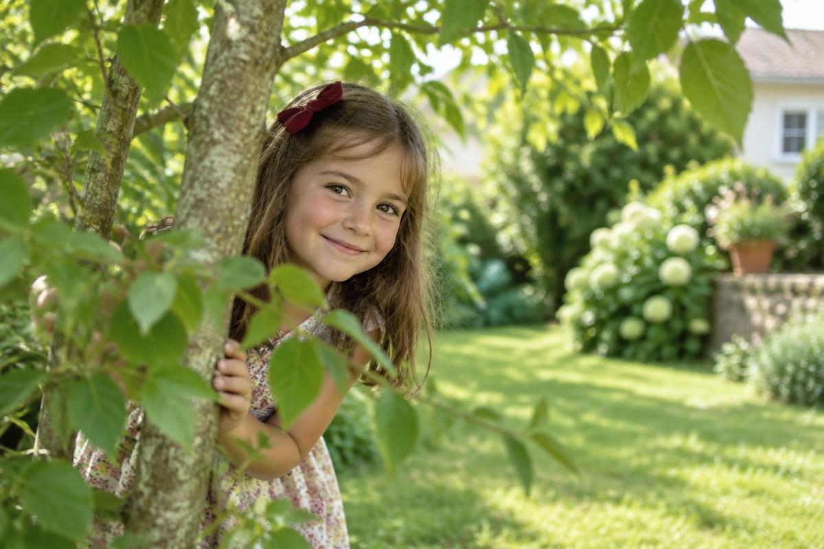 Girl with a dark red hair bow peeking through tree branches